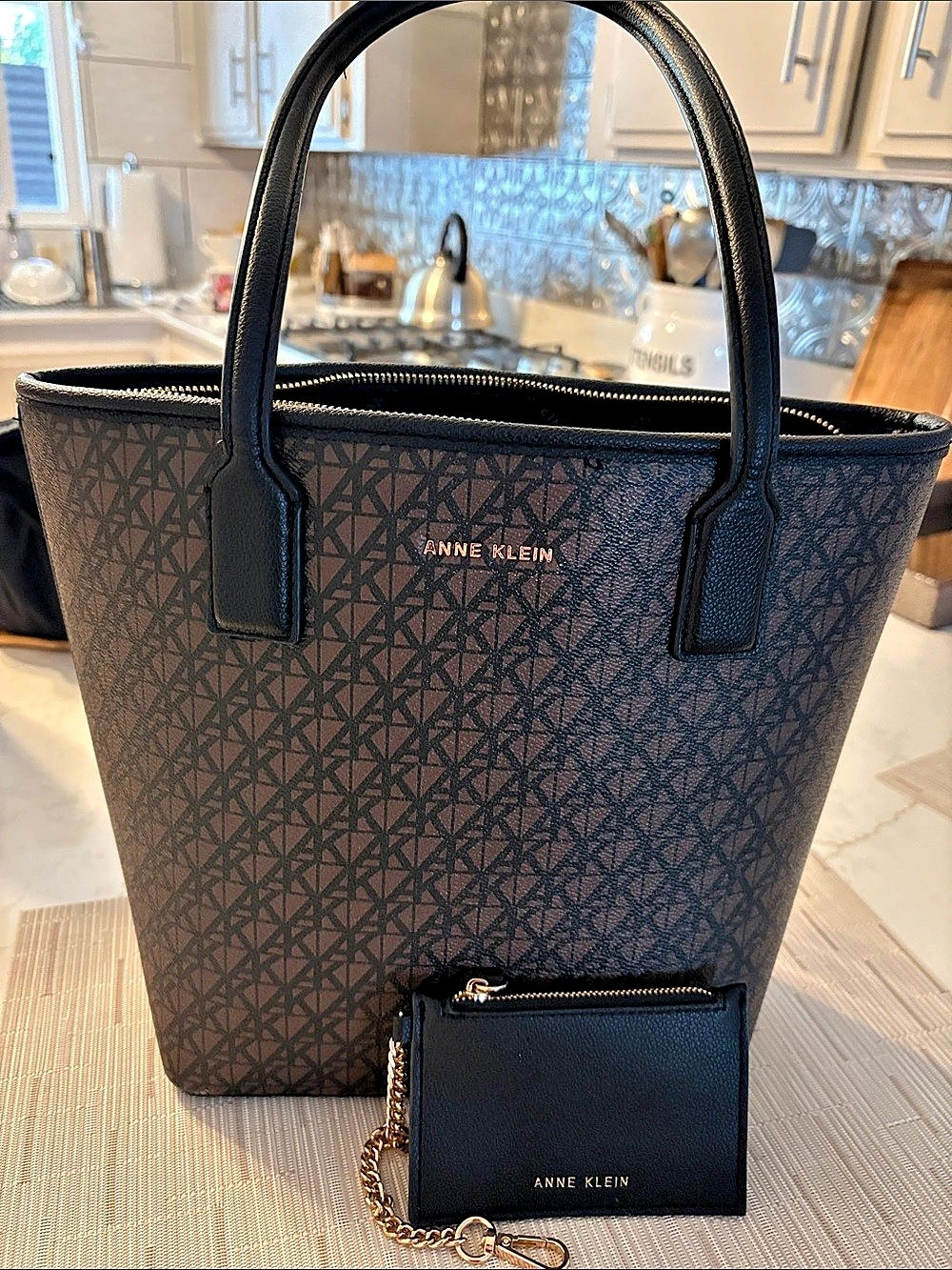Anne Klein AK Monogram Tote Bag with Matching Pouch Black & Brown